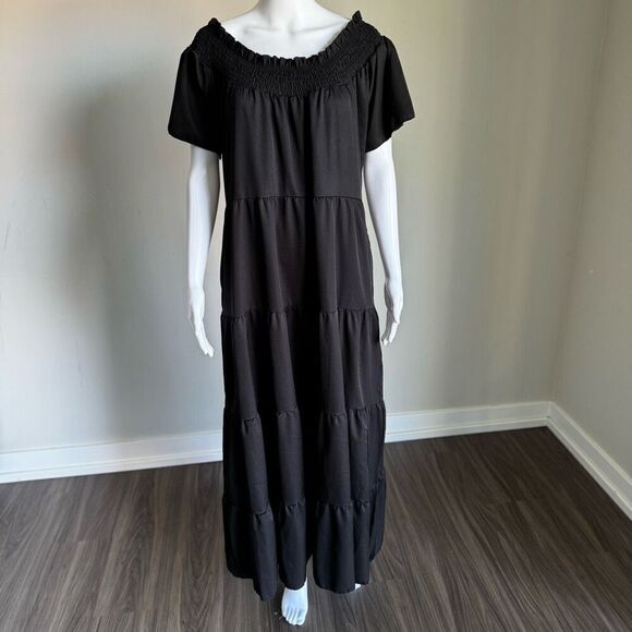 Smock Tiered Maxi Dress With Side Pockets Black Size XL - Picture 1 of 6